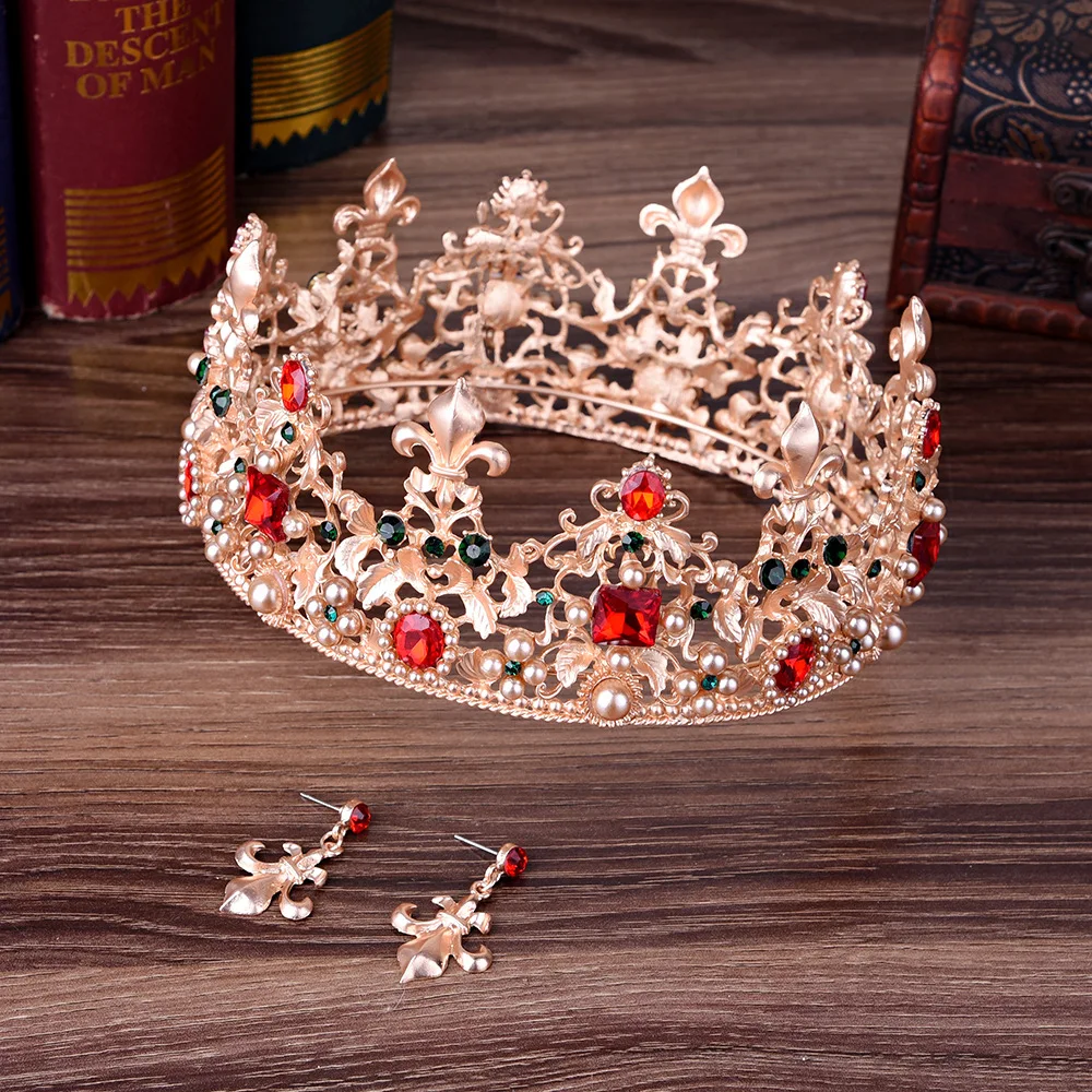 

Vintage Baroque European Style Bridal Crowns And Tiaras Luxury Crystal Pearls Round Wedding Crown Headpieces Hair Accessories