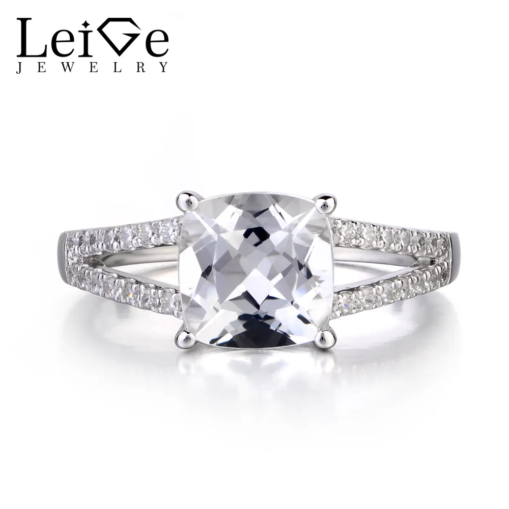 

Leige Jewelry Natural White Topaz Solid 925 Silver Ring Cushion Cut Gemstone November Birthstone Promise Wedding Rings for Women