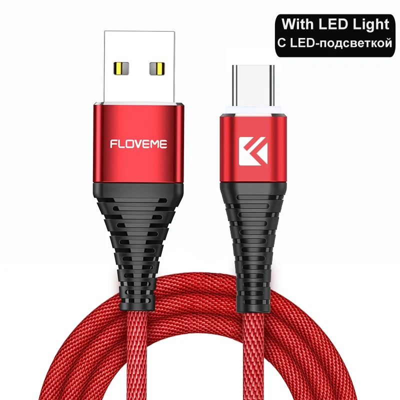 Red With LED FLOVEME светодиодный usb type-C кабель для One Plus 6 5t Xiaomi Mi6 мобильный телефон type-C кабель зарядного устройства для samsung Galaxy Note 9 8 S9 USB C - Цвет: Red With LED