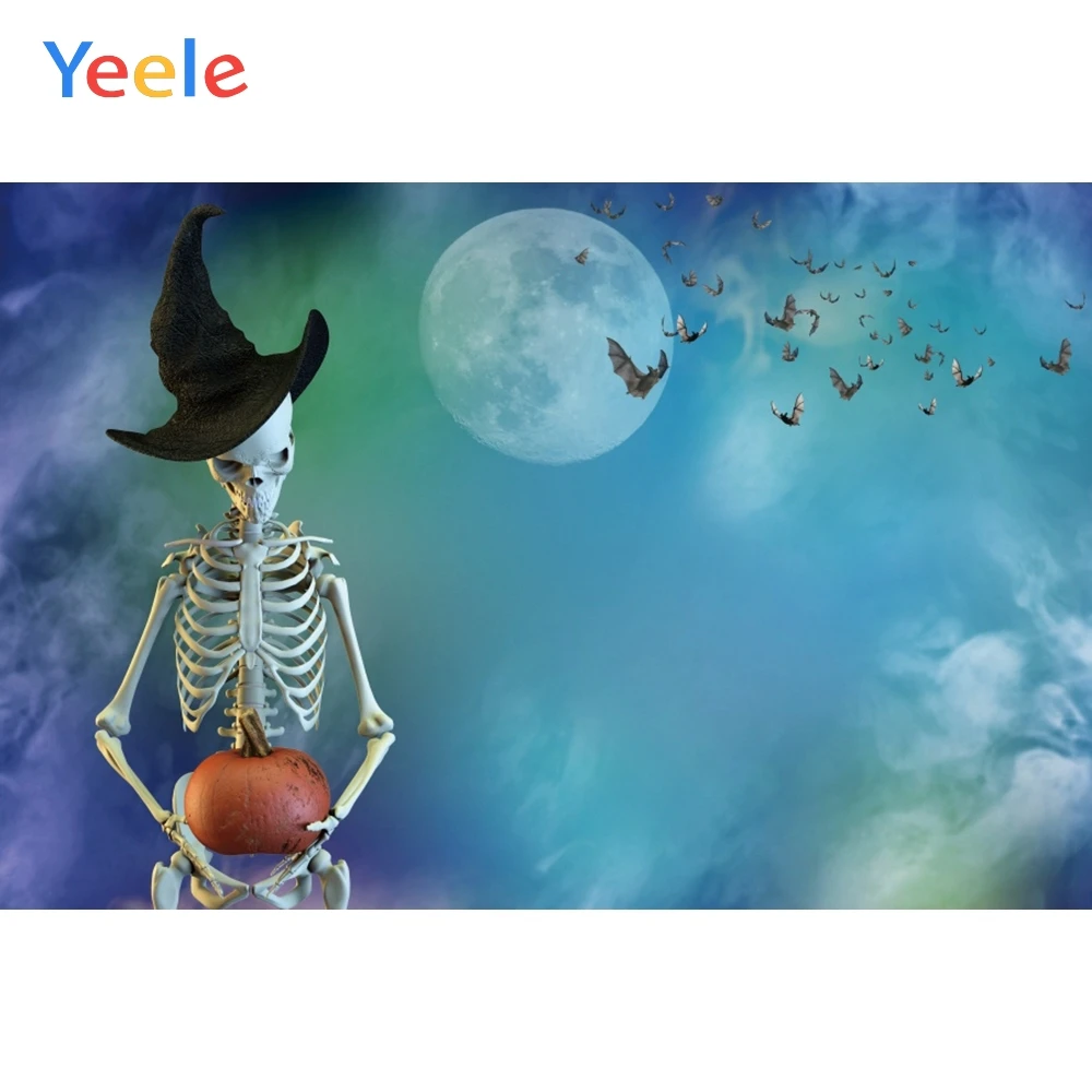 Yeele Halloween Moon Witch Hat Skeleton Bat Foggy Photography Backgrounds Customized Photographic Backdrops for Photo Studio | Электроника