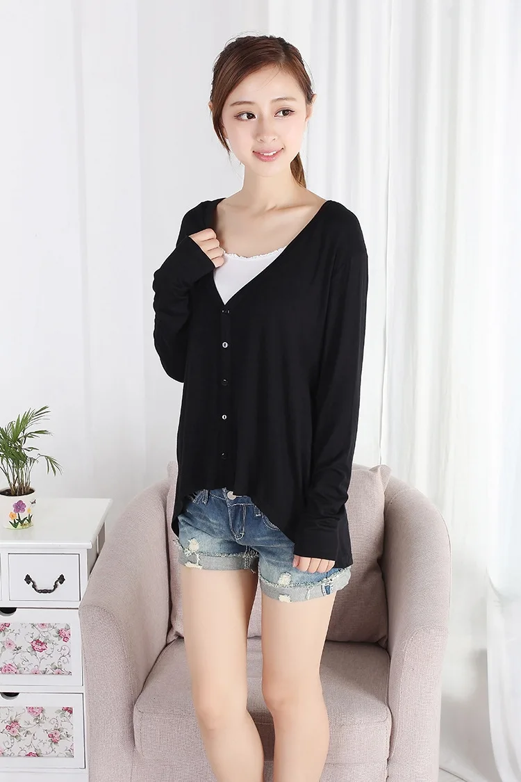 

Ladies Sweater Knitted Summer Cardigan V-Neck Long Cardigan Black Cotton Modal Thin Pull Femme Female Cardigans 13 colors