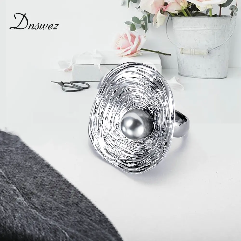 Dnswez Big Round Ring for Women Retro Silver Color with Black Pearl Decoration Geometric Gift Jewelry Bijouterie R1990 | Украшения и