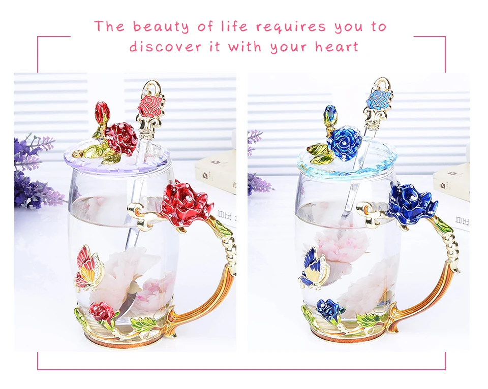 Enamel Color Coffee /Tea Cup Glass Chinese Tea Cup Coffee Mugs Creative Heat-Resistant Glass Cups Set with Stainless Steel Spoon