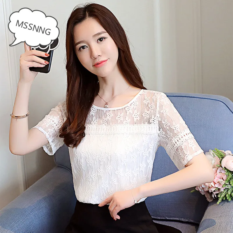 Женская шифоновая рубашка MSSNNG белая ажурная с короткими рукавами большие