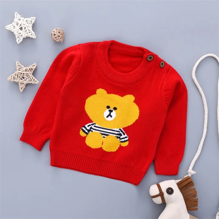 Red Bear Мягкий хлопковый свитер для новорожденных девочек; свитер с длинными рукавами и пряжкой для маленьких мальчиков; милый осенний свитер с круглым вырезом и рисунком для малышей - Цвет: Red Bear