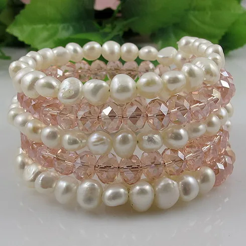 

Unique Pearls jewellery Store 5rows 6x8mm Pink Crystal White Freshwater Pearl Bracelet Perfect Wedding Birthday Women Gift