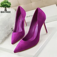 bigtree solid flock shallow high heels woman shoes pointed toe office work shoes for women 9 colors ladies concise pumps