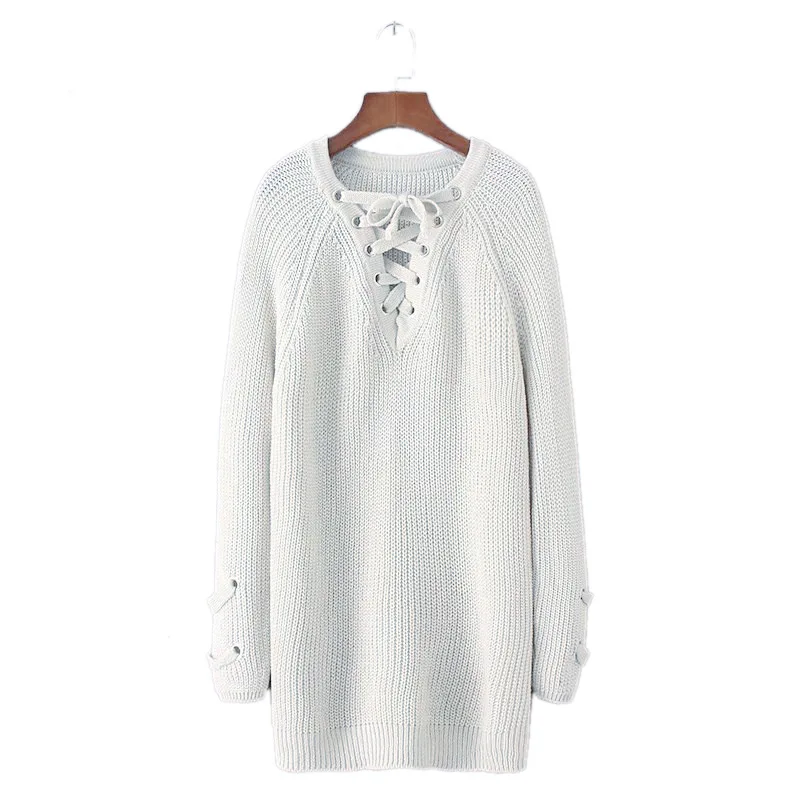V Neck Korean Style Women Sweater Lace Up Knitted Pullover Long Sleeve Loose Winter Jumper | Женская одежда