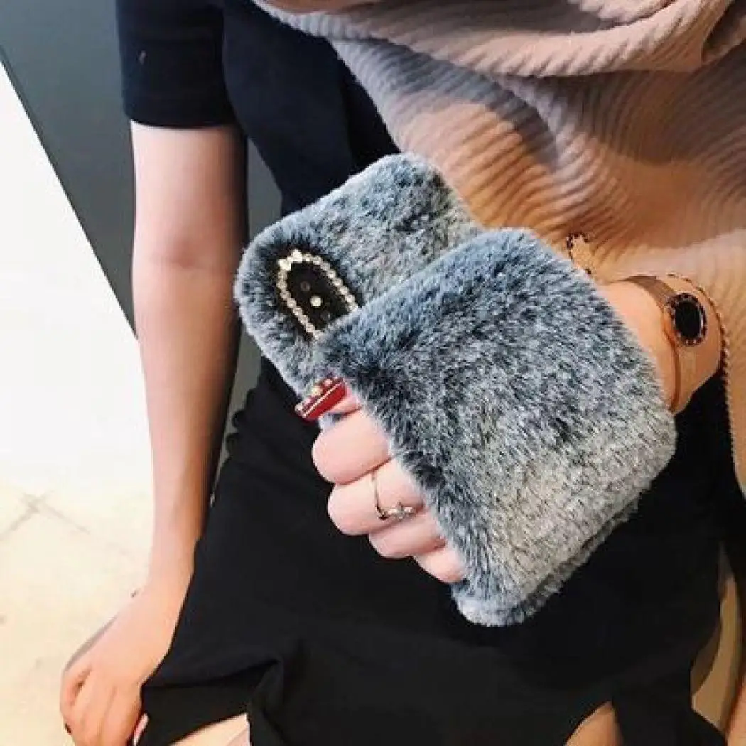 Soft TPU Rhinestone Faux Fur Phone Case Back Cover For Easy install and take off. Anywhere You Need iPhone |
