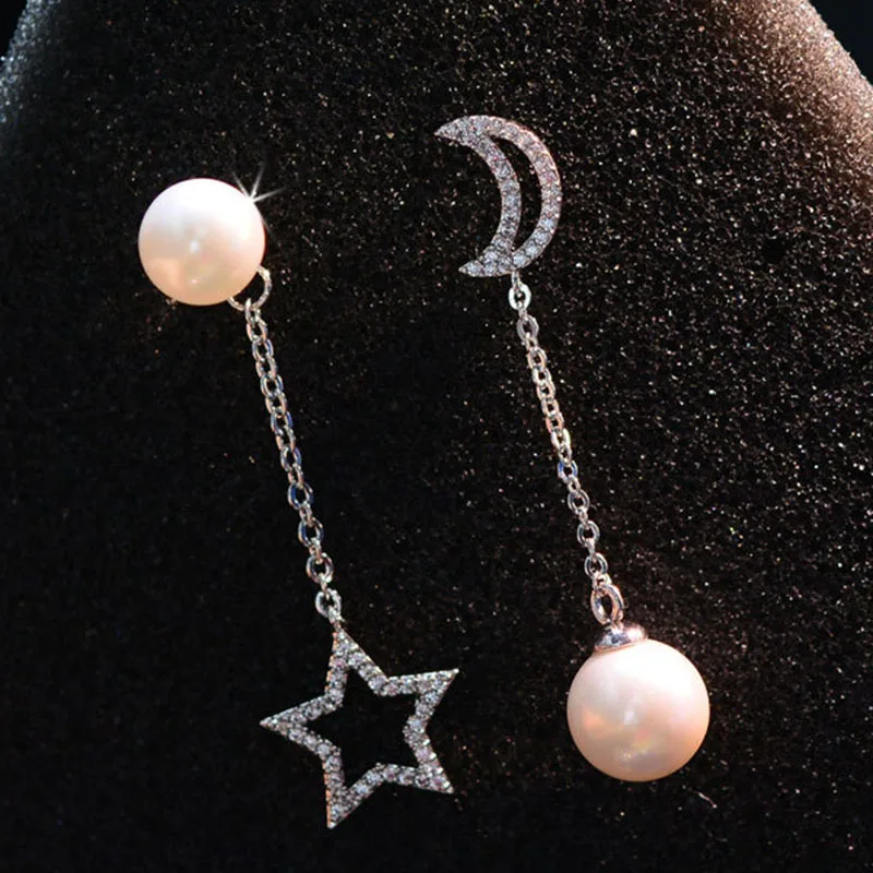 Korean Vintage Accessories Full Rhinestone Asymmetric Moon Five-pointed Stars Drop Long Earrings Boucle D' Orielle Brincos E561 |