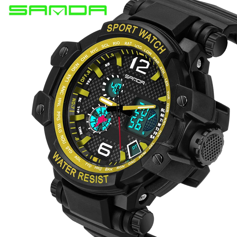Новый бренд SANDA мужские уличные спортивные часы светодиодный Календарь двойной