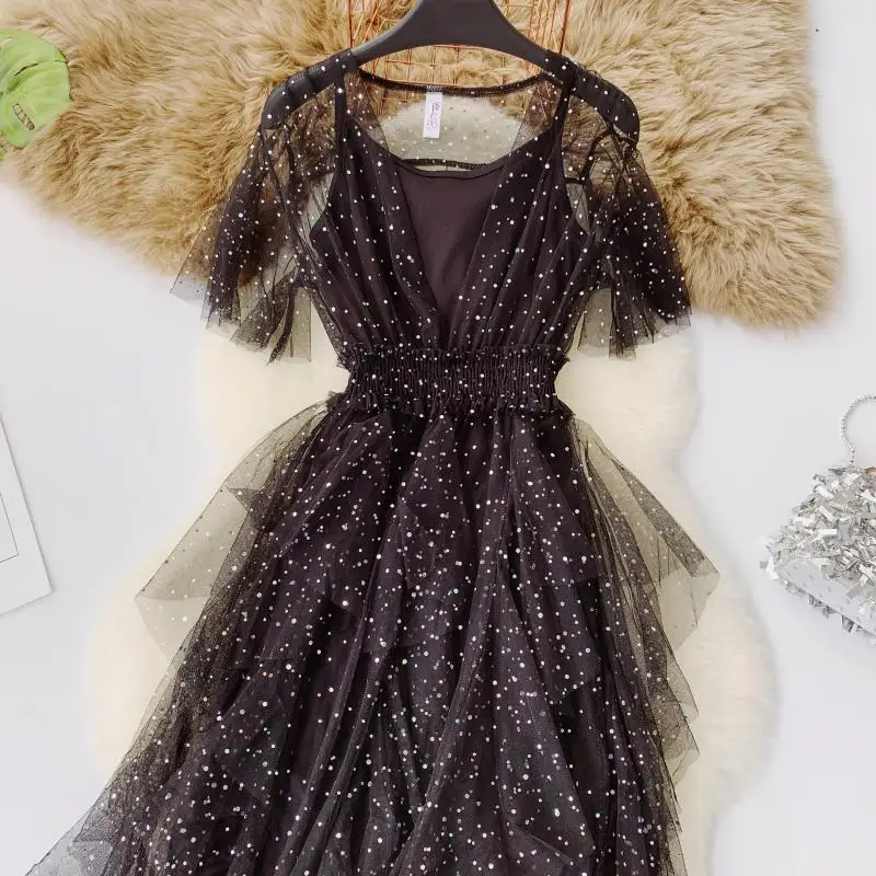 

2019 Women summer Sexy Sheer V-Neck Lace Dress Starry Sky Sweet Party Flare Skater With Lining Dresses