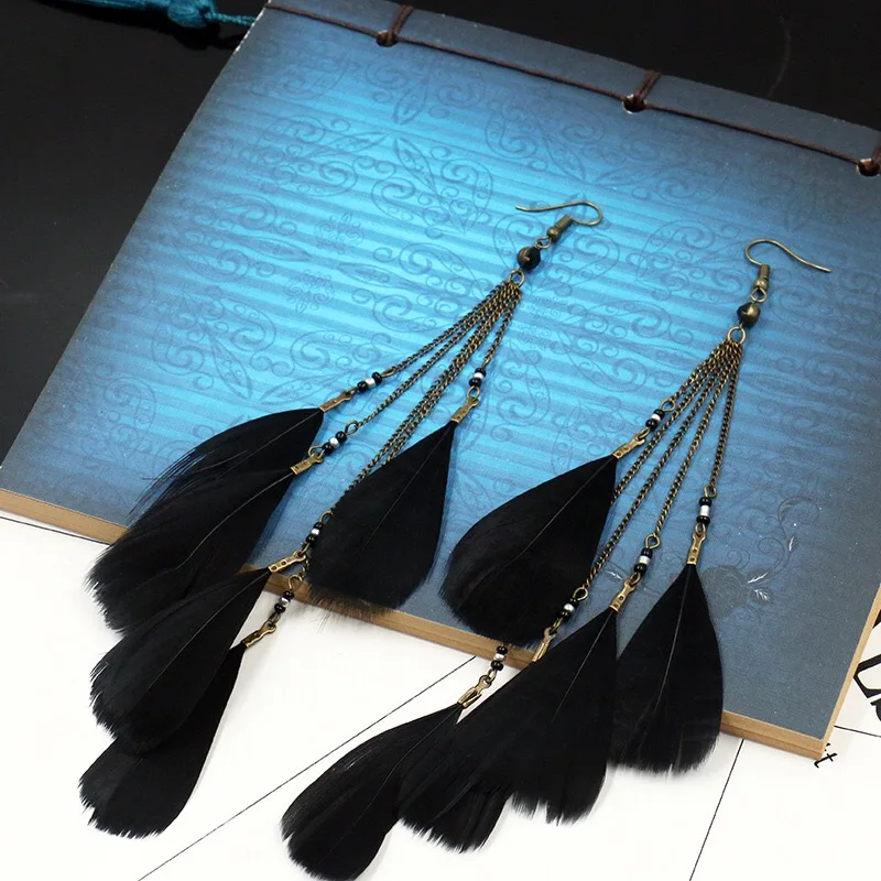 Богемные длинные висячие серьги с перьями для женщин bijoux этнические богемные