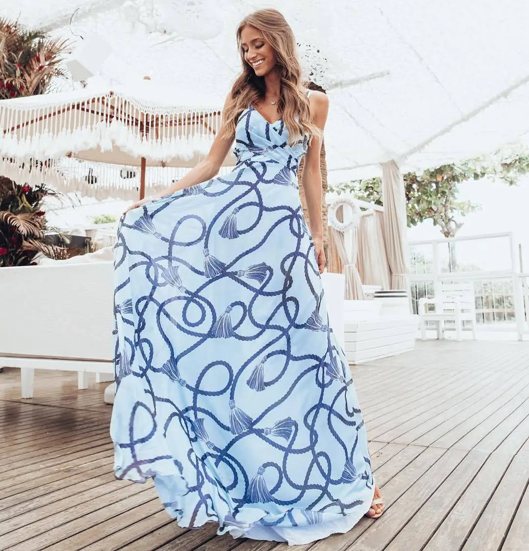 Женское длинное платье на бретельках Boho Пляжное Платье макси с v образным вырезом