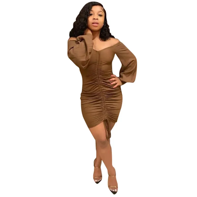Fashion Draped Sexy Mini Dress Spring Solid Bodycon Bandage Vestidos Femme LS6115 | Женская одежда
