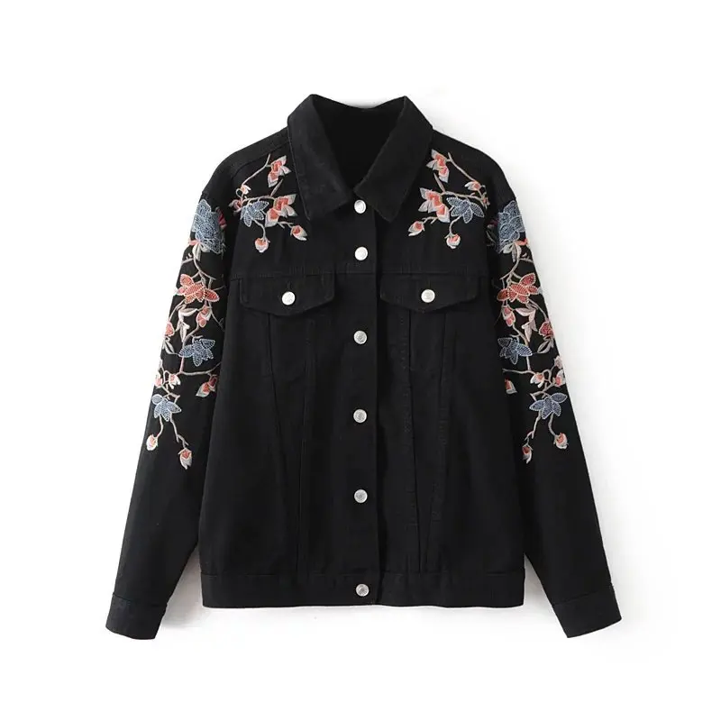 Джинсы женские куртки осень 2017 г. с длинным рукавом Цветочный Вышивка джинсовая