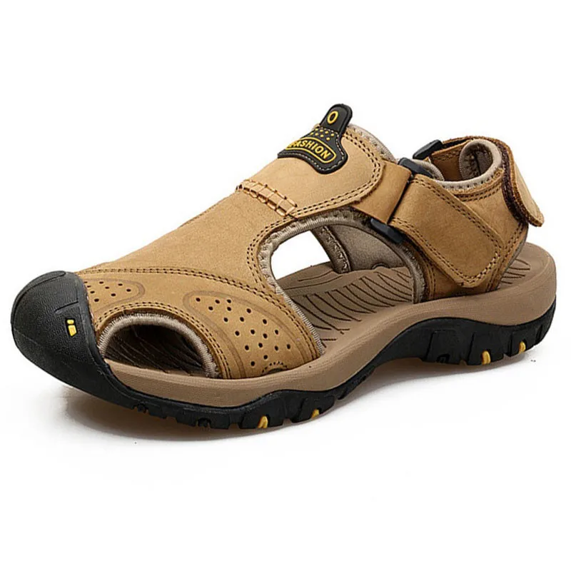 khaki yellow LIN KING/Новинка; Дизайнерские мужские сандалии на мягкой подошве; удобные летние кожаные сандалии; дышащая Нескользящая Уличная обувь для мужчин; большие размеры - Цвет: khaki yellow