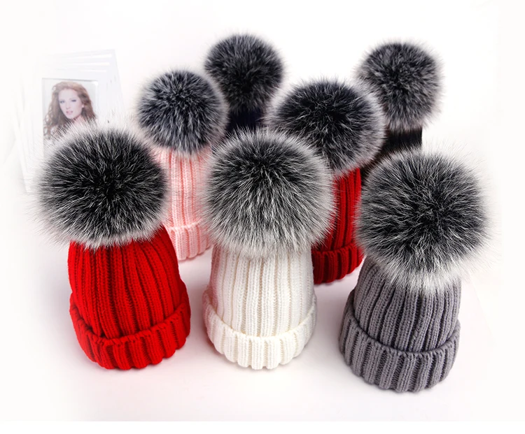 Новинка 2017 шапка с помпонами из лисьего меха зимние шапки 100% натуральный мех 15 см