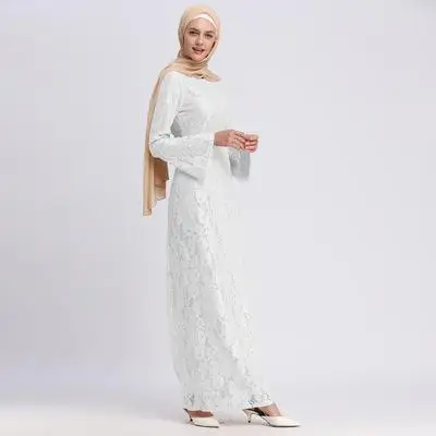 Элегантное мусульманское платье кружевное платье-футляр abaya Макси-платье кардиган с расклешенными рукавами длинные халаты арабский Рамадан вечерние платья Кафтан исламский - Цвет: Белый