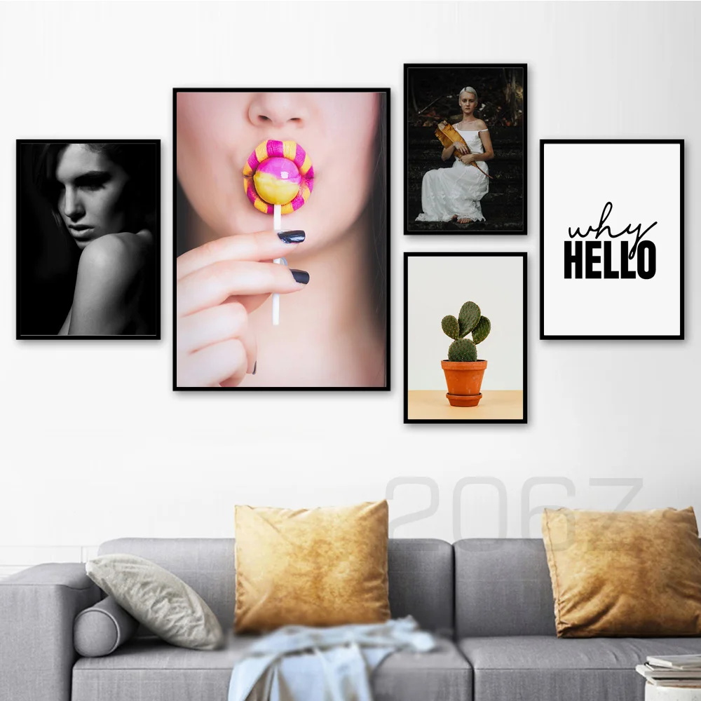 

Sexy Girl Lollipop Cactus Why Hello Quote Nordic Posters and Prints Wall Art Canvas Painting Wall Pictures For Living Room Decor