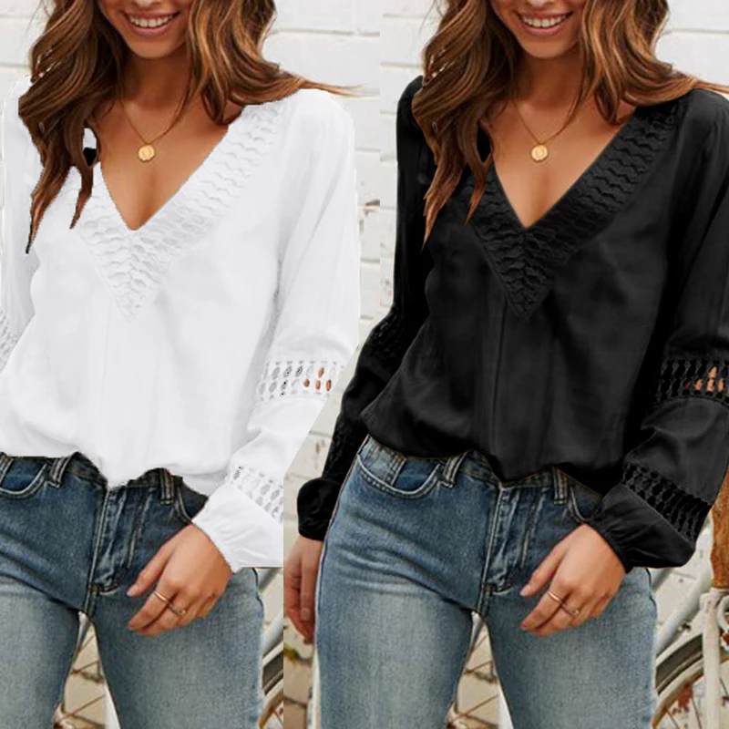 

Lace Chiffon Blouse Women Solid Shirt Sexy Long Sleeve V-neck Office Shirt Chiffon Blouse Shirt Casual Female Clothing Plus Size