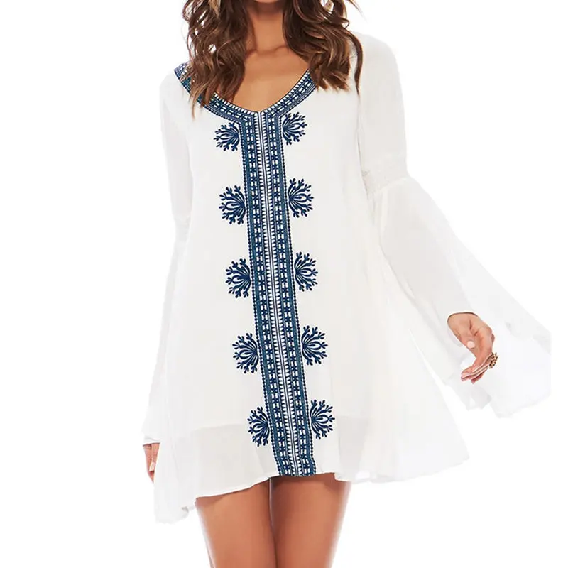 Летняя Пляжная туника купальник женское винтажное платье с расклешенным рукавом