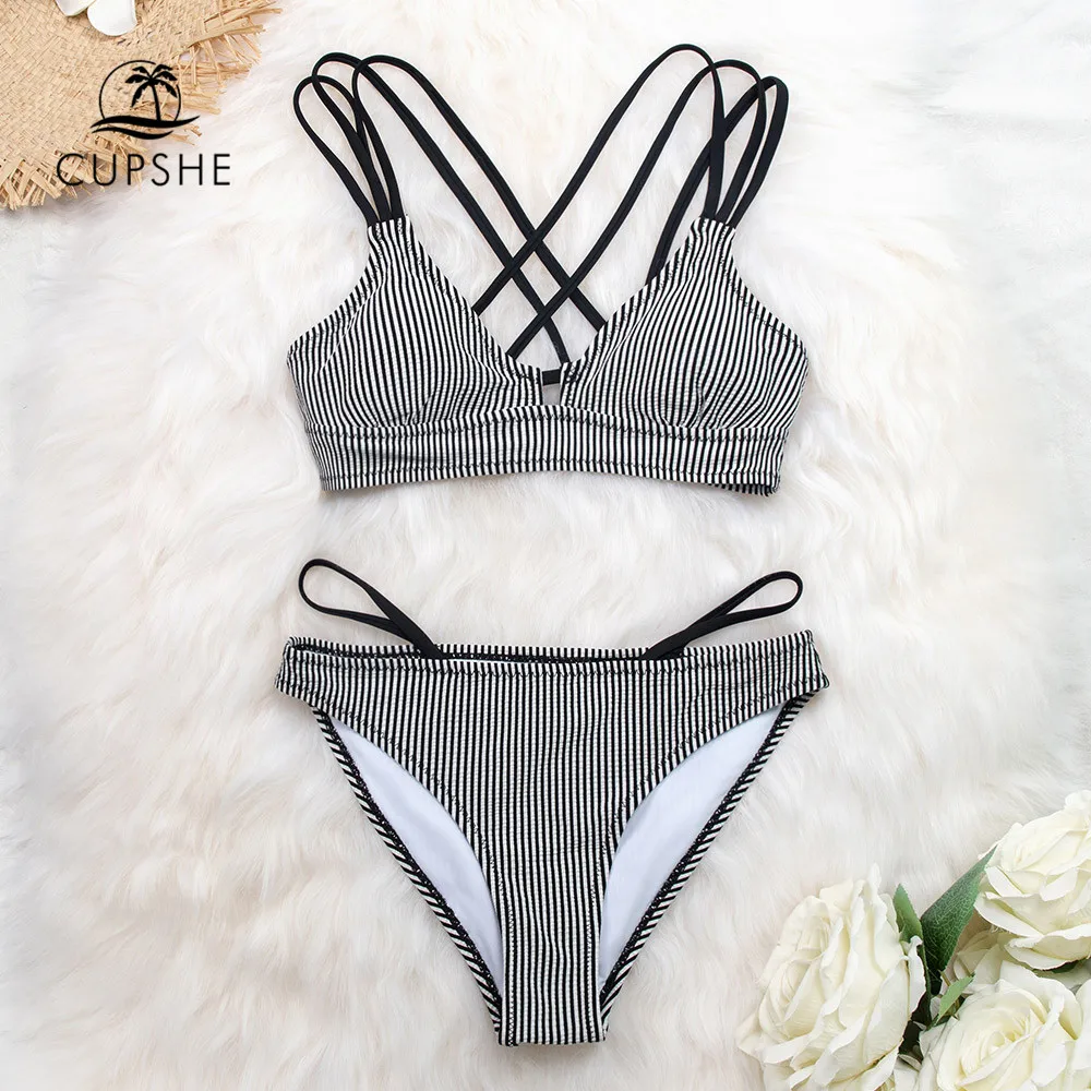 CUPSHE оранжевые и белые полосатые комплекты бикини с ремешками женские
