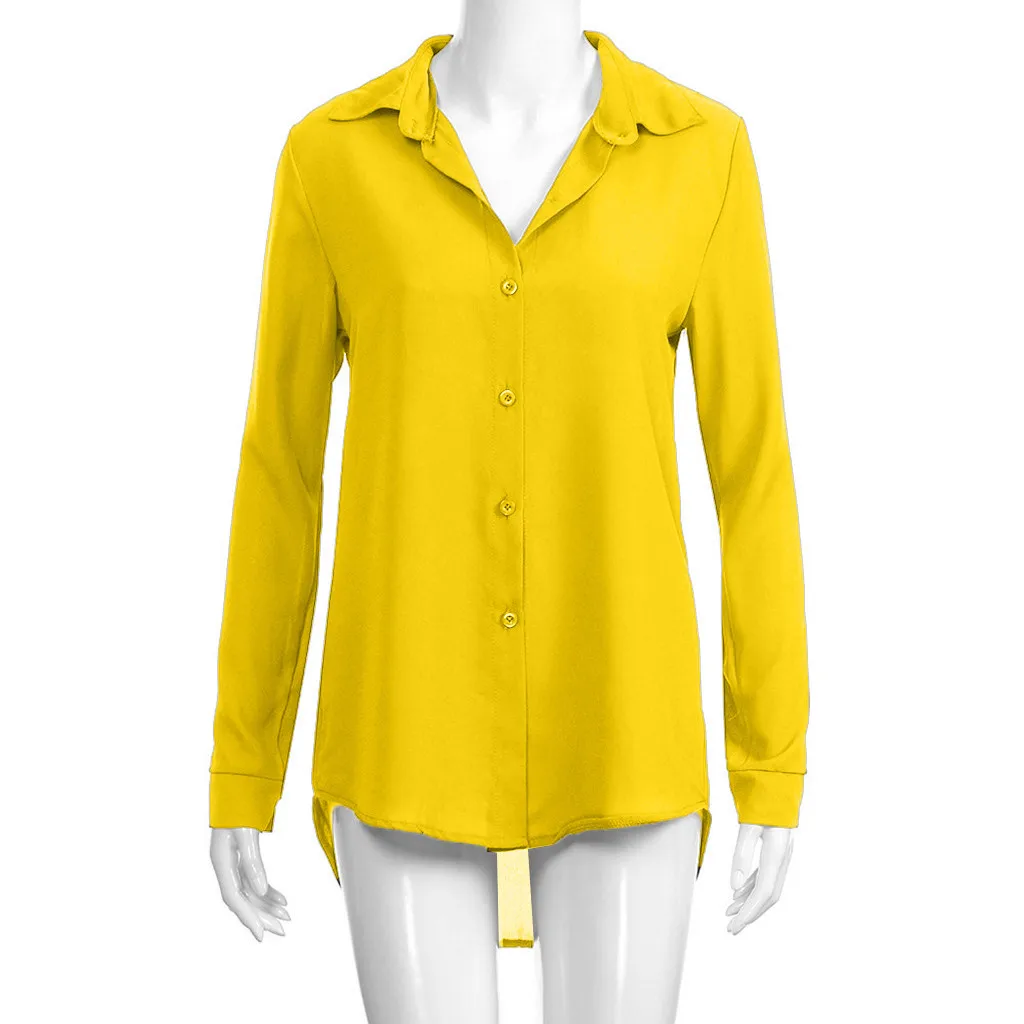 Yellow Модные женские блузки, шифоновые, одноцветные, для офиса, для девушек, простые, с рулонным рукавом, блузка, топы, Blusas Mujer Verano, женская блузка, Chemisier Femm - Цвет: Yellow