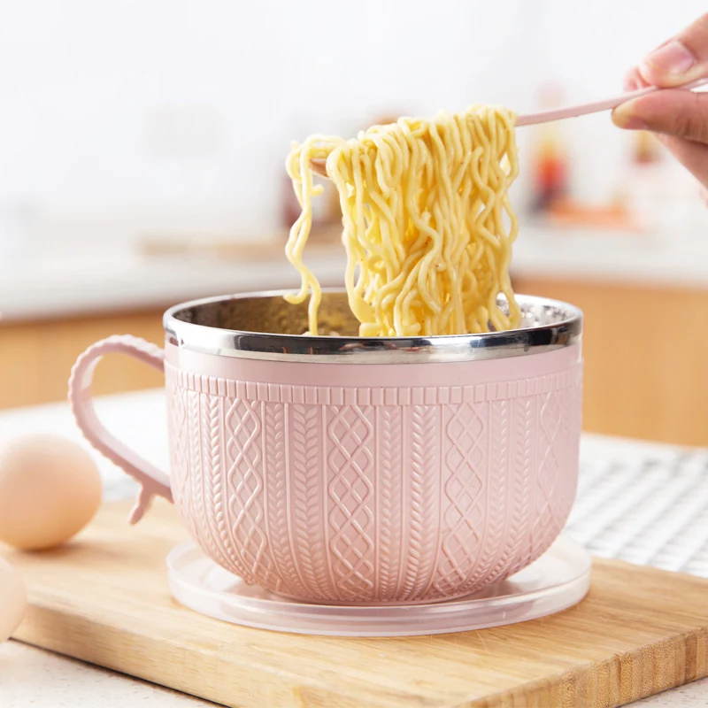 Нержавеющая сталь Ramen Noodle суповая миска Макарон Плита крышкой Ложка Ручка Чашки