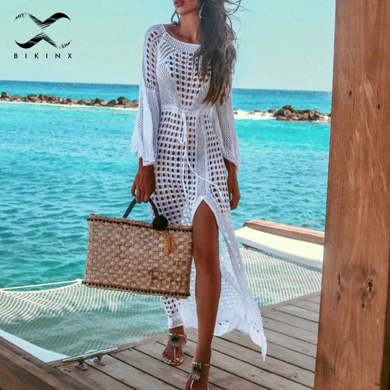 Женское открытое пляжное платье Bikinx белое Кафтан длиной до щиколотки пляжная