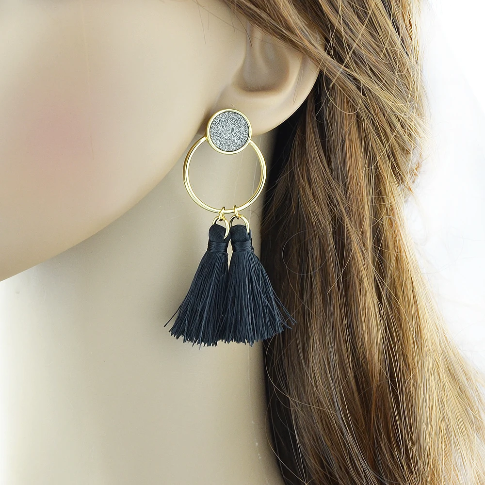 Boho себе Серьги Этнические украшения золото Цвет черный с кисточкой круг Форма