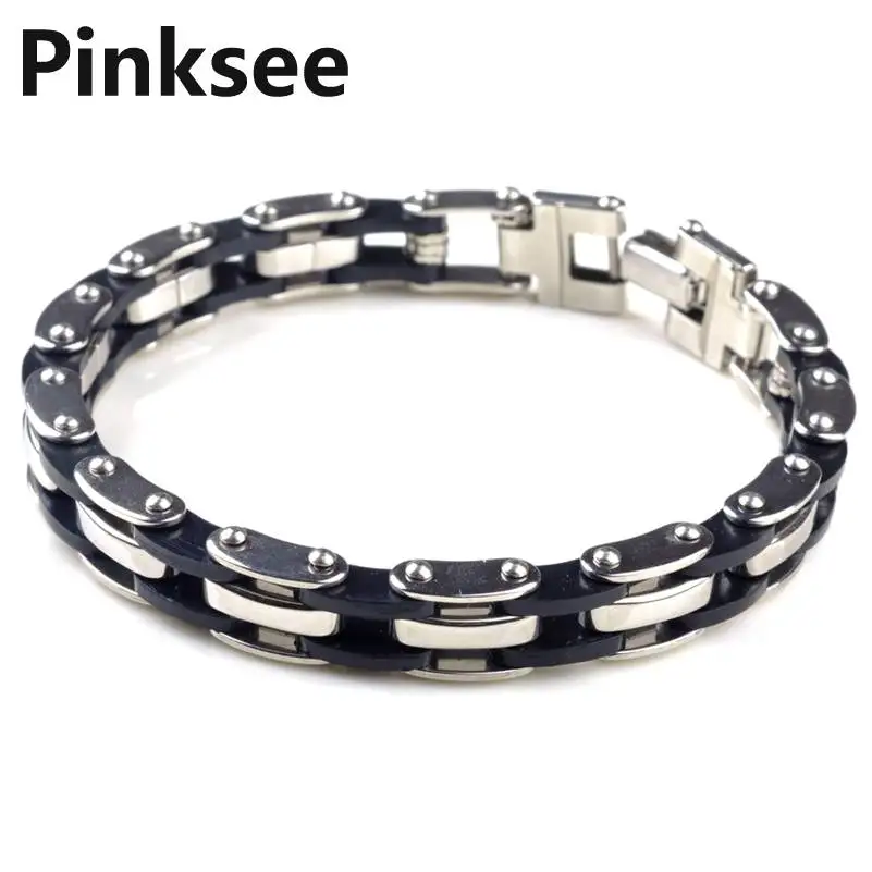 

Mens Hot Stainless Steel Bracelet Bangle Cuff Black Rubber Silicone Charm Jewelry For Men Gift Drop Free