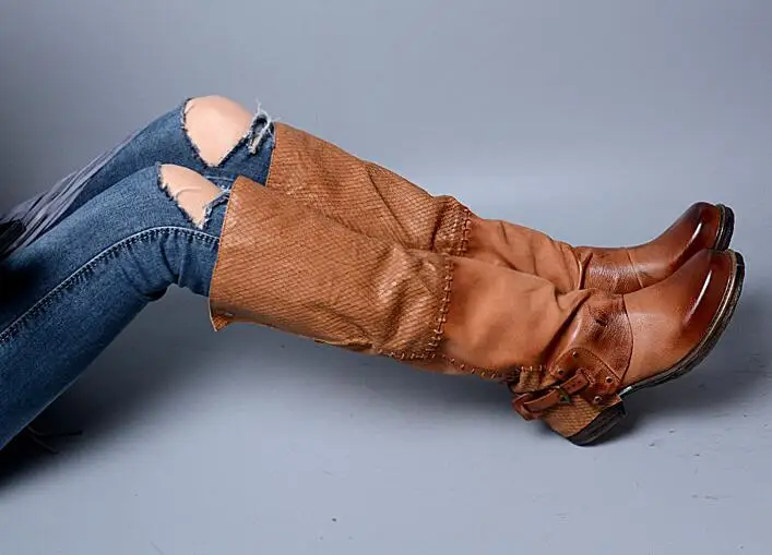 brown leather in Prova Perfetto кожаные сапоги до колена высокого качества для женщин сочетаются цвет зима ремень пряжка боковая молния длинные сапоги для верховой езды - Цвет: brown leather in