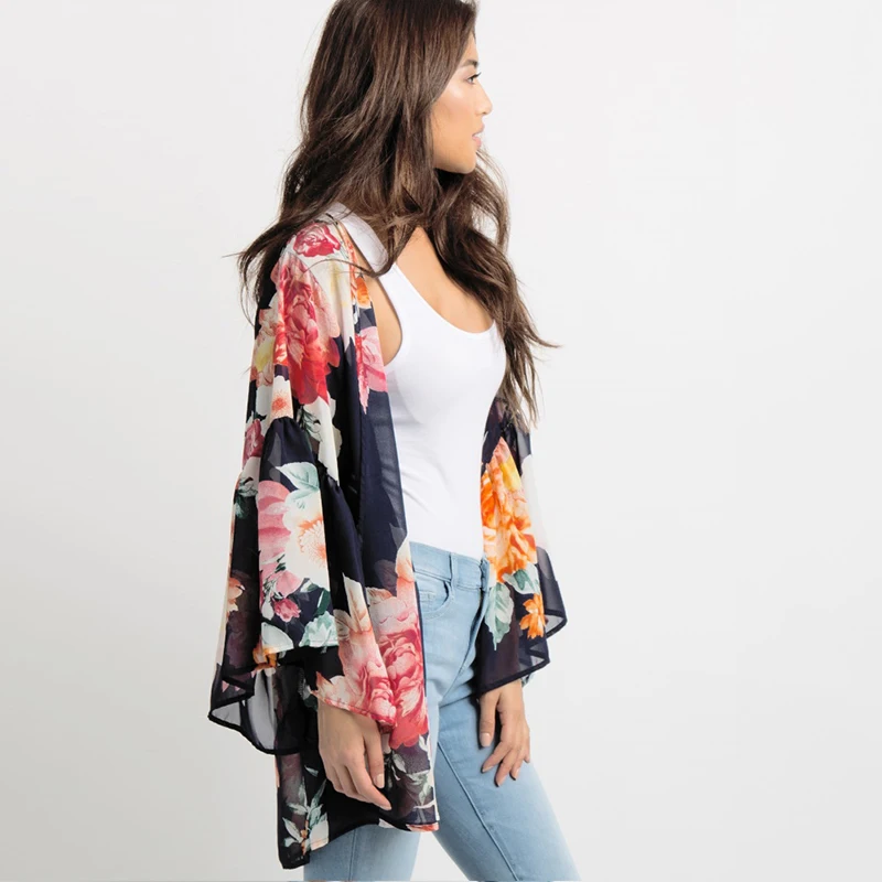 Мода Boho повседневное шифоновое кимоно для женщин цветочный принт длинный рукав свободный кардиган, пальто летняя Солнцезащитная пляжная одежда