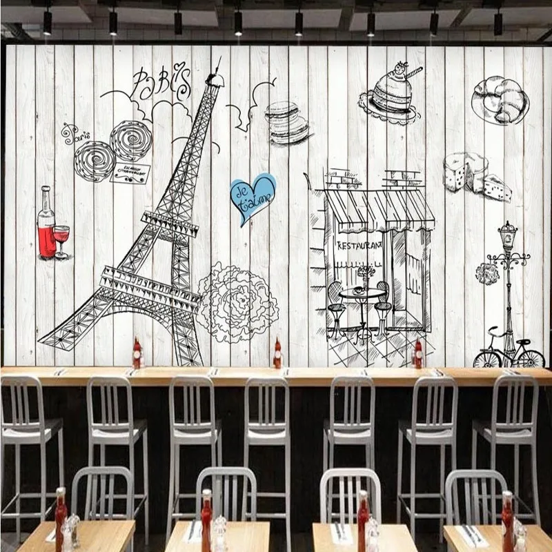 Фотообои ручная роспись деревянная Парижская башня обои хлебобулочные Ресторан