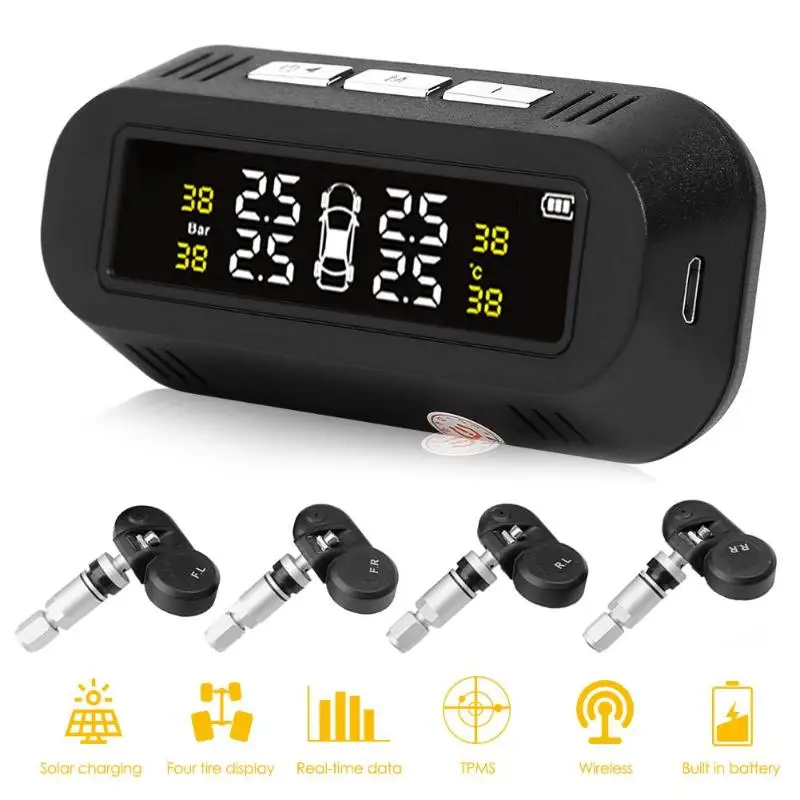 TPMS автомобильный монитор давления в шинах USB+ Солнечная система мониторинга шин с 4 внутренними датчиками автоматическая система охранной сигнализации