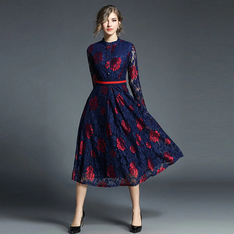 2018 весеннее женское элегантное кружевное ажурное длинное платье до середины