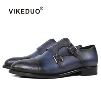vikeduo classic women monk strap shoes letter laser sapato mujer vintage blue handmade shoe lady genuine leather patina footwear