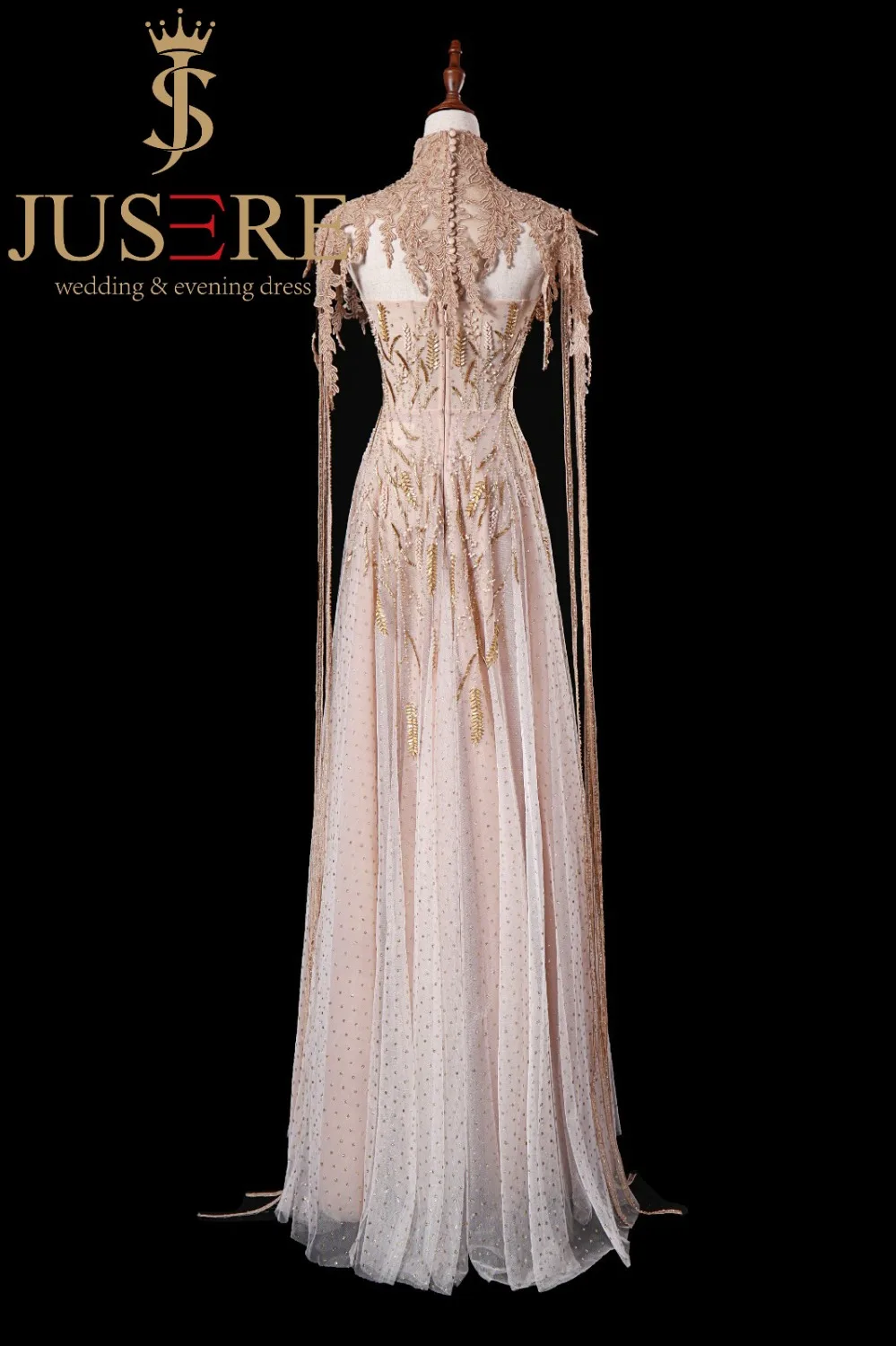 JUSERE FASHION SHOW Hight Collar Cap Sleeve Long Evening Dress Formal Party Gowns Vestido de festa longo Robe De Soiree