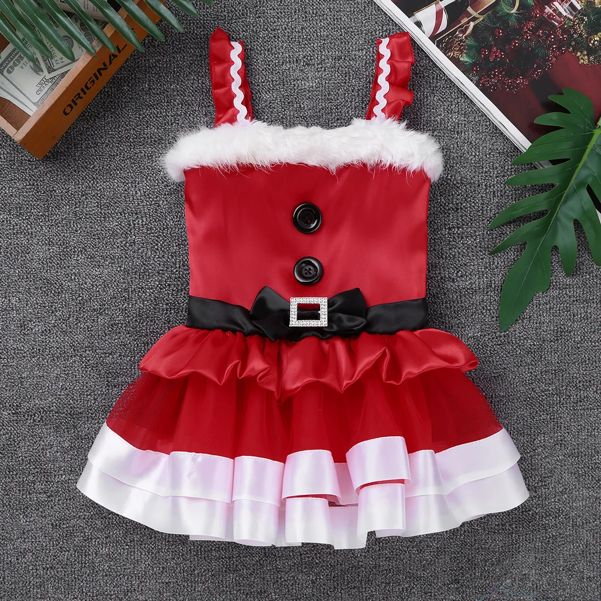 Infant Baby Christmas Santa Claus Dress Outfit Toddler Girls Ruffled Shoulder Straps Faux Fur Bowknot Mesh Tutu | Детская одежда и