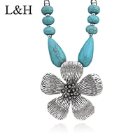 vintage ethnic antique silver flower round pendant necklace resin beaded charm statement necklace for women jewelry gift