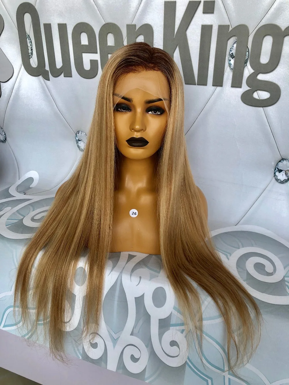 QueenKing волосы передний парик шнурка 180% Плотность Lemi Цвет Реми волос наращивание волос Реми эффектом деграде(переход от темного к парики T4/27/613 бразильских неповреждённых волос с бесплатной доставкой в одночасье