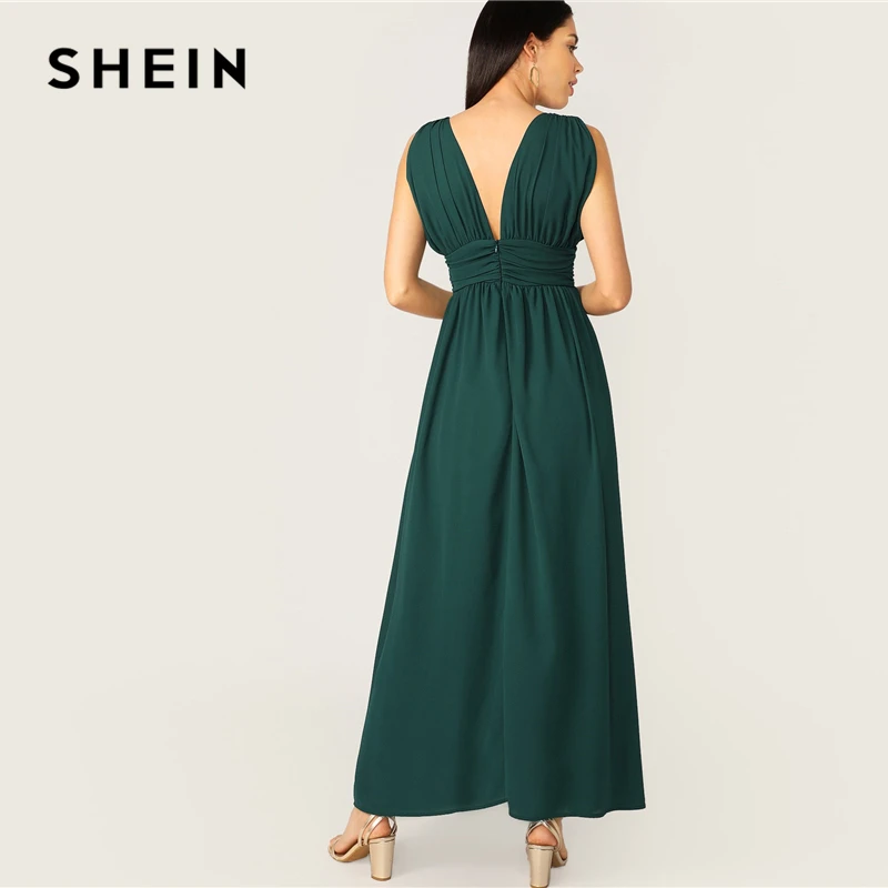 SHEIN Платье На Молнии Сзади С Высоким Разрезом И V-Образным Вырезом Женские Элегантные Платья Без Рукавов