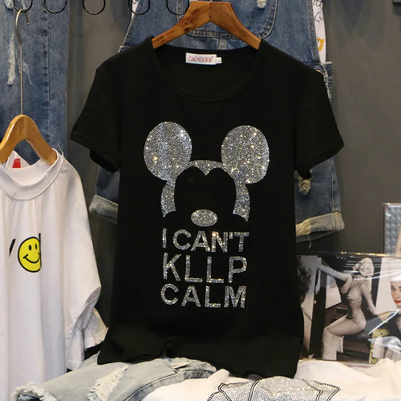 

Women Diamond Short Sleeve T Shirt Cotton Simple Bottoming Shirt 2021 Summer Casual Hot Drill Rhinestone Ladies Top Tees Clothes