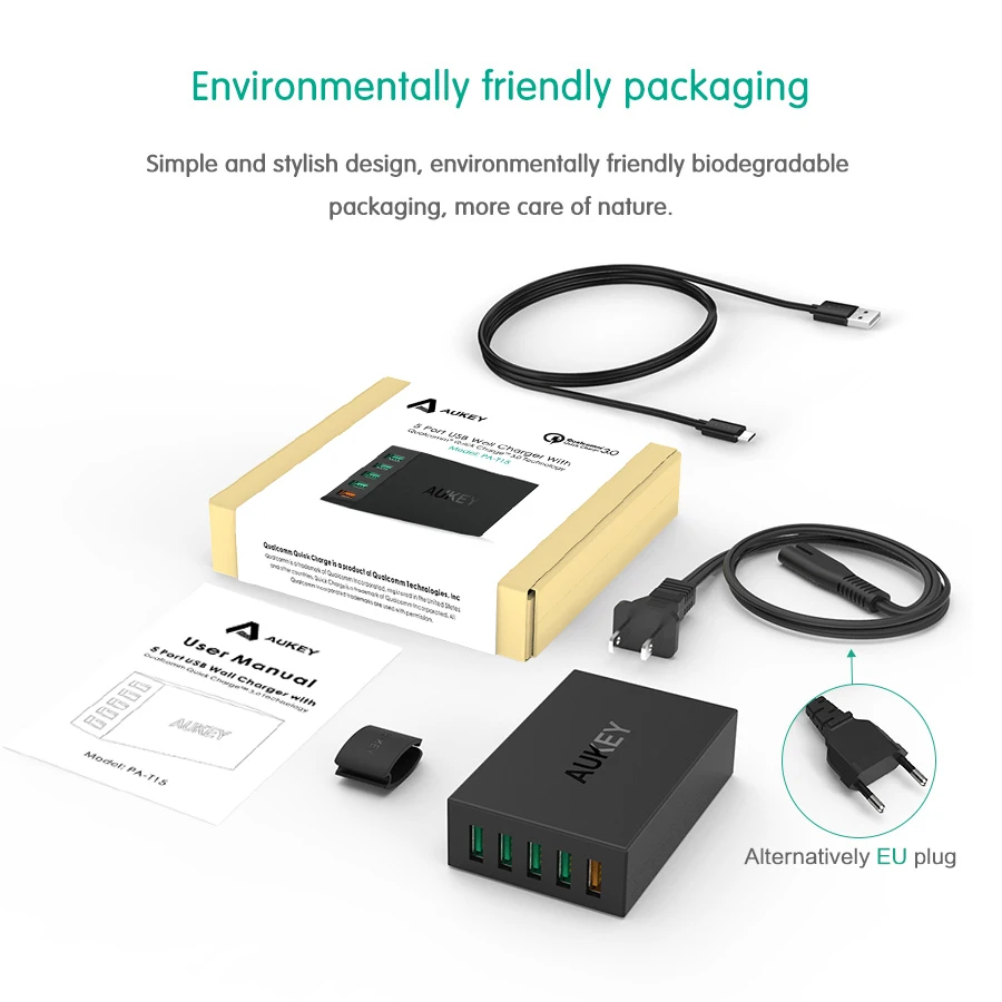 AUKEY USB Charger 5 Port 54W Quick Charge 3.0 2.0 Fast Mobile Phone for iPhone X 8 7 6s SE Xiaomi Mi8 Samsung Power Bank | Мобильные