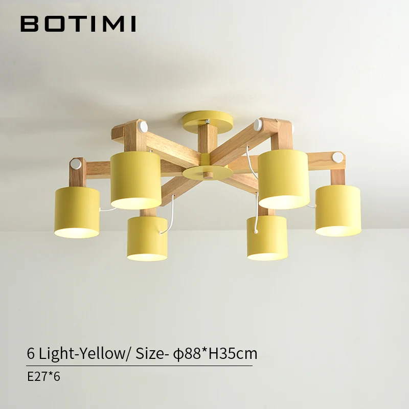 6 Light in Yellow BOTIMI скандинавский светодиодный светильник для гостиной, регулируемые люстры, современные деревянные люстры E27, светильник для столовой - Цвет абажура: 6 Light in Yellow