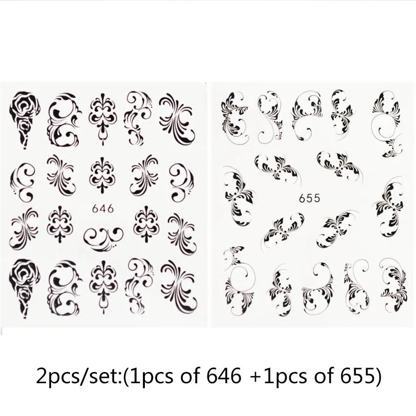 2 шт./компл. черного цвета с кружевом кроше водные наклейки на ногти цветок лоза