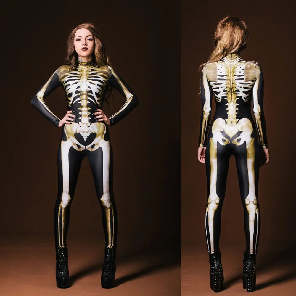 Женский костюм для Хэллоуина ISTider скелета черепа с 3D золотым скелетом облегающий