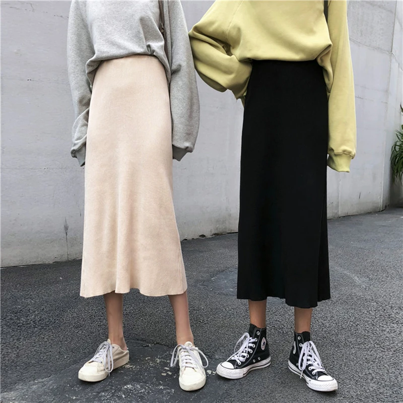Harajuku уличная трикотажная юбка осень зима Корейская мода универсальная Сплит миди Faldas Mujer однотонные черные юбки женские