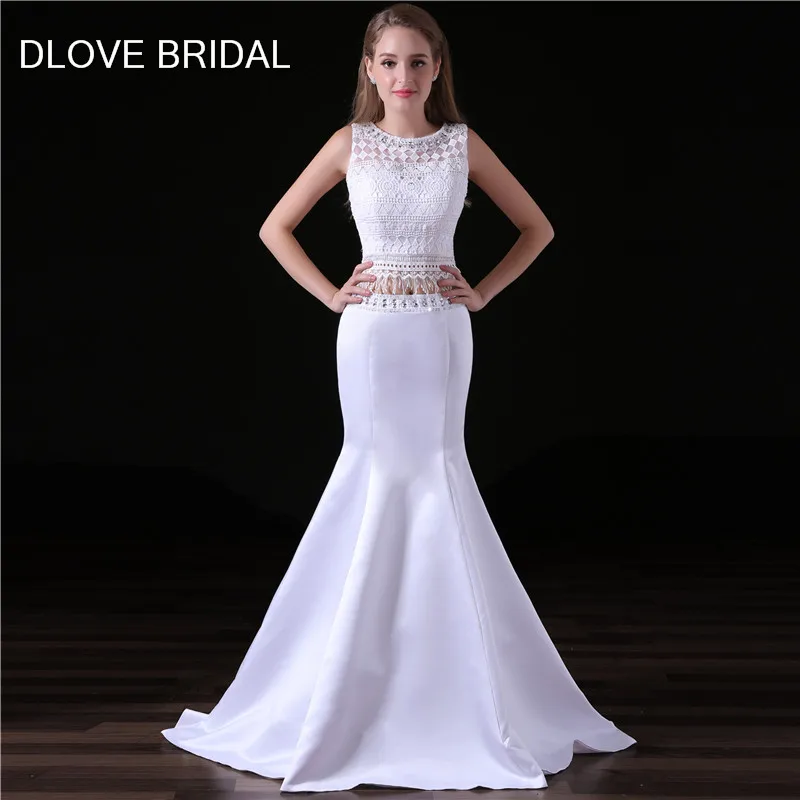 

Sexy Lace Satin Two Piece Mermaid Prom Dress High Quality Factory Custom Make Sweep Train Evening Party Dresses